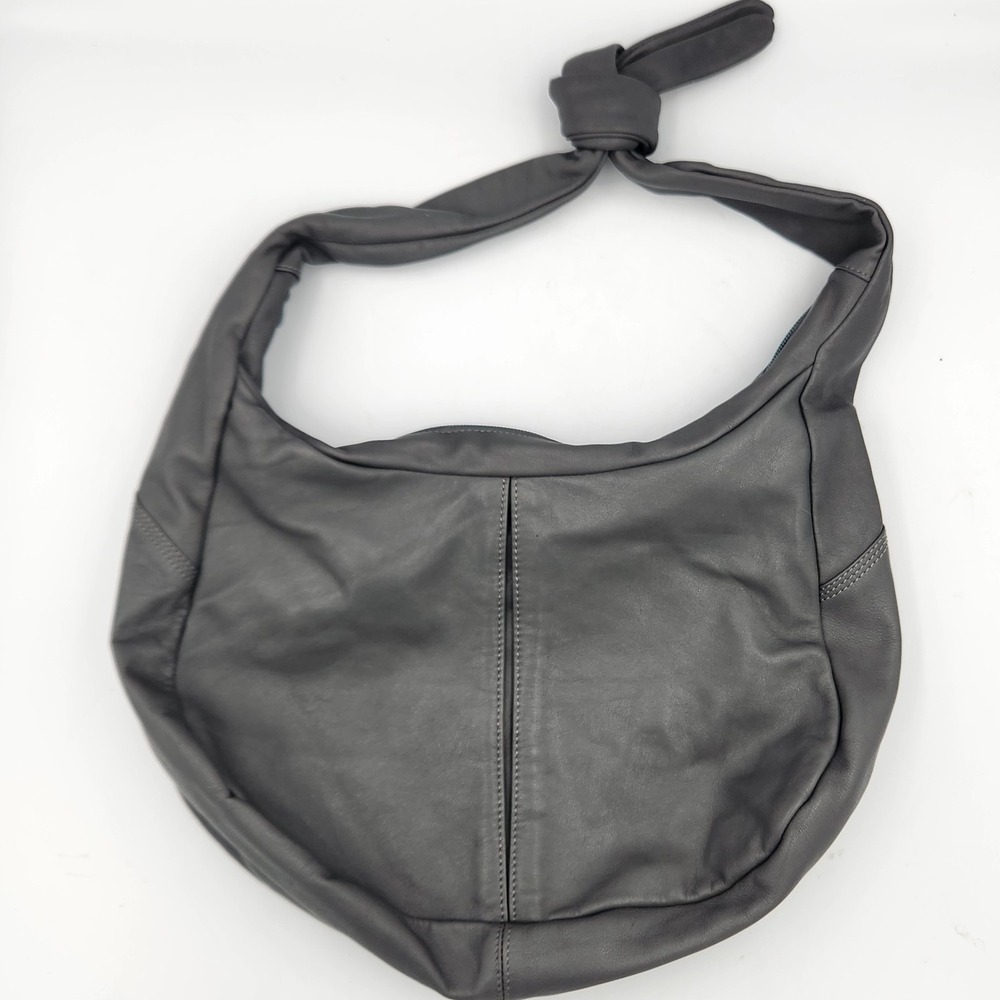 Tano Gray Leather Hobo Bag with Tie Strap – Slouchy‎ Shoulder Purse Zip Pocket